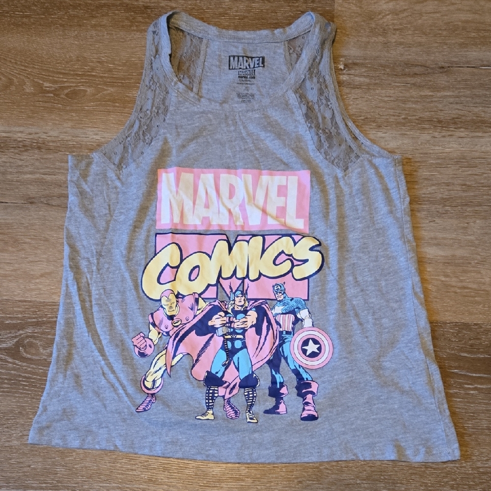 Marvel Women's Gray Tank Top with Pink & Yellow Comic Graphic